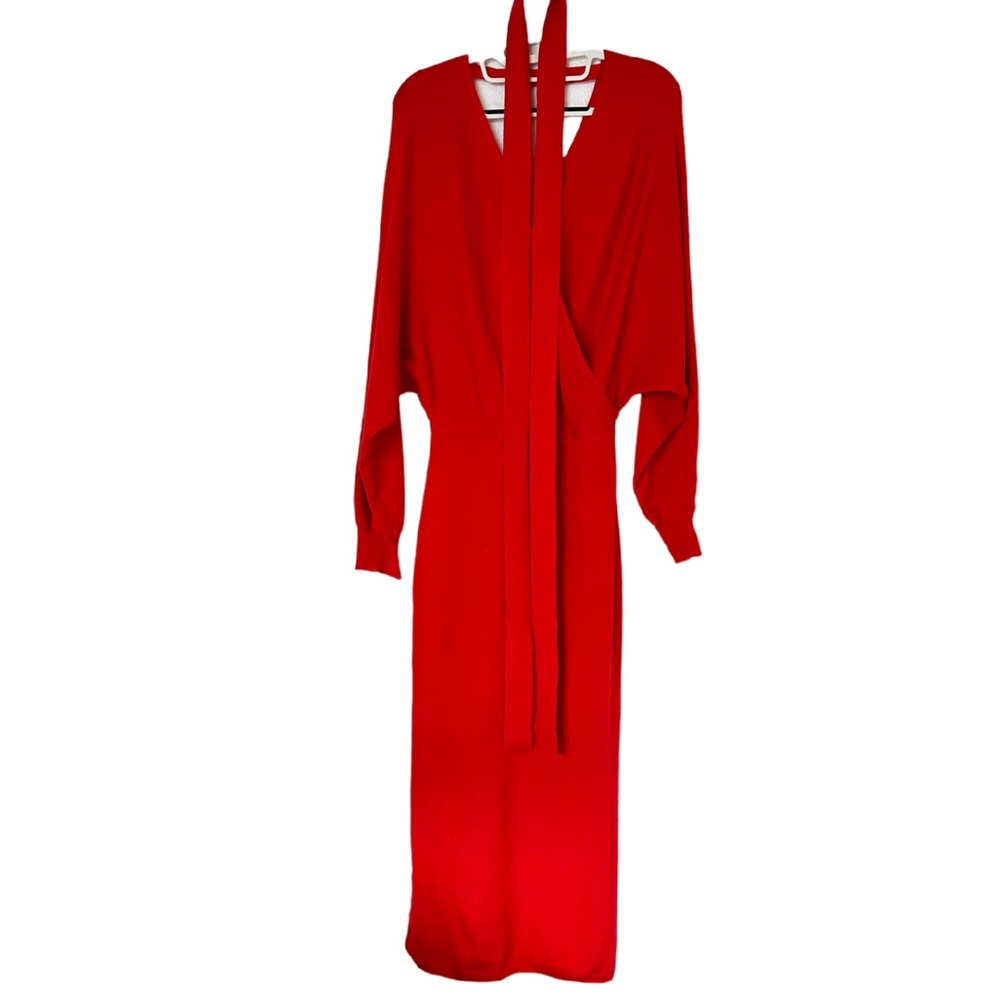 Drape Poppy Red Sleeved Midi Faux Wrap Dress Size L